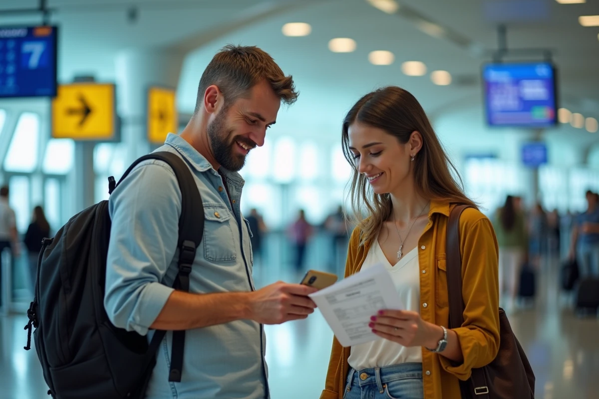 Couple consultant un bon cadeau voyage Selectour et un smartphone dans un hall d'aéroport avant le départ