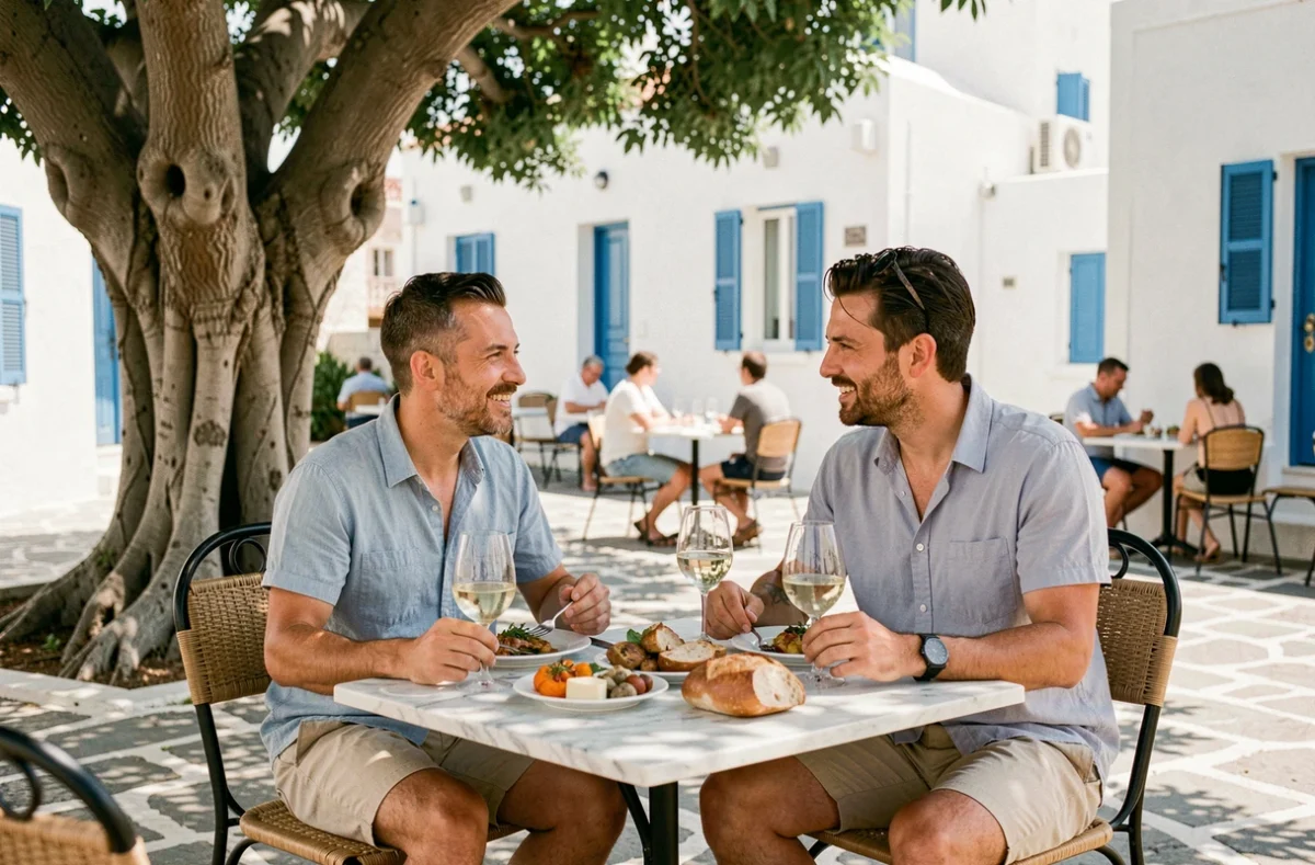 Couple attablé sur la place du village de Folégandros dégustant des mezze grecs en terrasse de café
