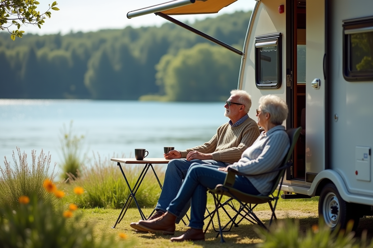 Couple relaxant devant leur caravane au bord du lac