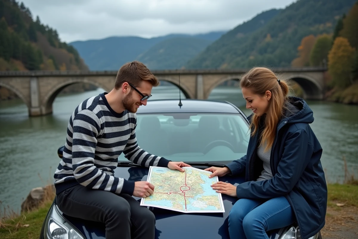 Couple planifiant leur itin&eacute;raire road trip sur une carte de l'Allemagne au bord du Rhin