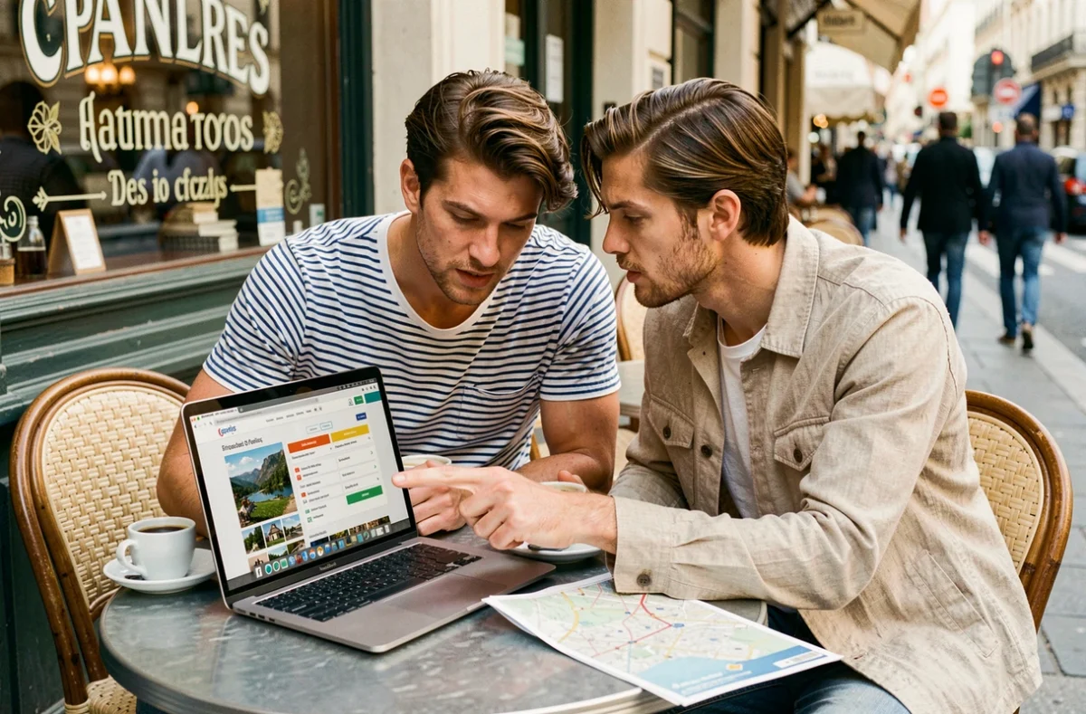 Couple de voyageurs comparant des activités touristiques sur un ordinateur portable en terrasse de café parisien