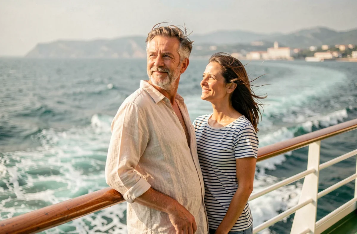 Couple de voyageurs au bastingage d'un bateau de croisière MSC quittant Marseille vers la mer Méditerranée
