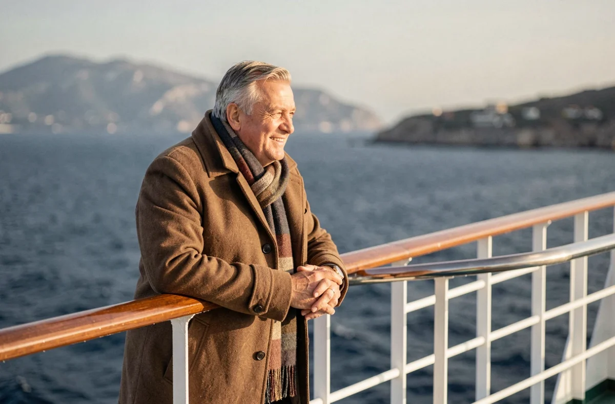 Couple en tenue hivernale élégante profitant d'une croisière de Noël sur le pont d'un bateau en Méditerranée