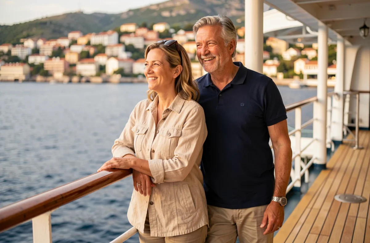 Couple de voyageurs sur le pont d'un bateau de croisière avec vue sur une ville côtière méditerranéenne