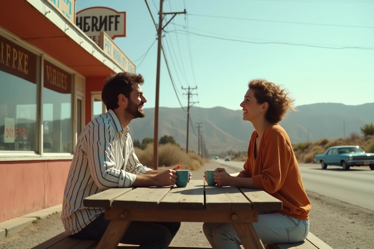 Couple souriant partageant un café à la terrasse d'un diner typique américain au bord de la route lors d'un road trip entre Los Angeles et San Francisco en Californie
