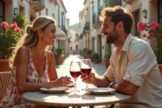 Couple en escapade romantique à petit prix sur une terrasse de café méditerranéen en août
