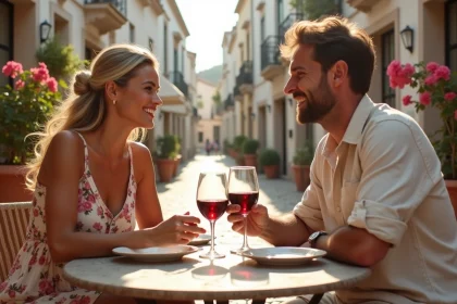 Couple en escapade romantique à petit prix sur une terrasse de café méditerranéen en août