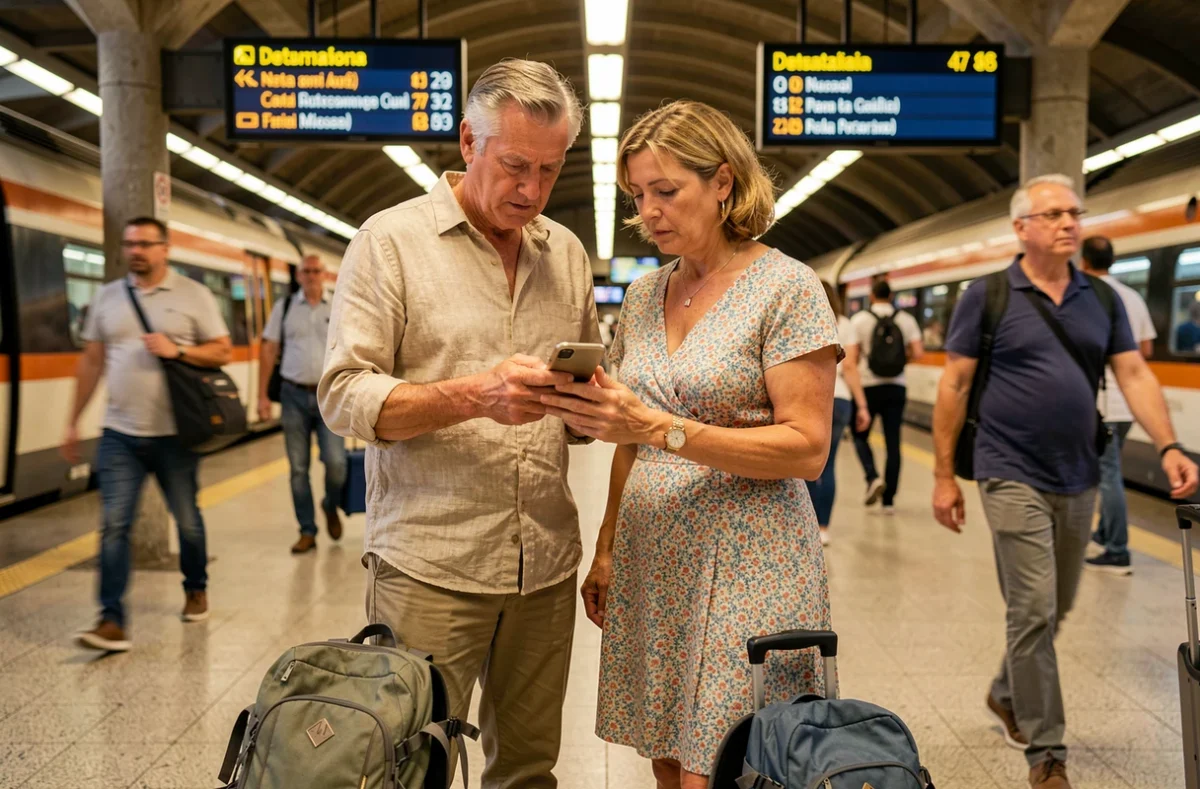 Couple de voyageurs consultant leur itinéraire sur smartphone à la gare de Pise avant de visiter la Tour de Pise