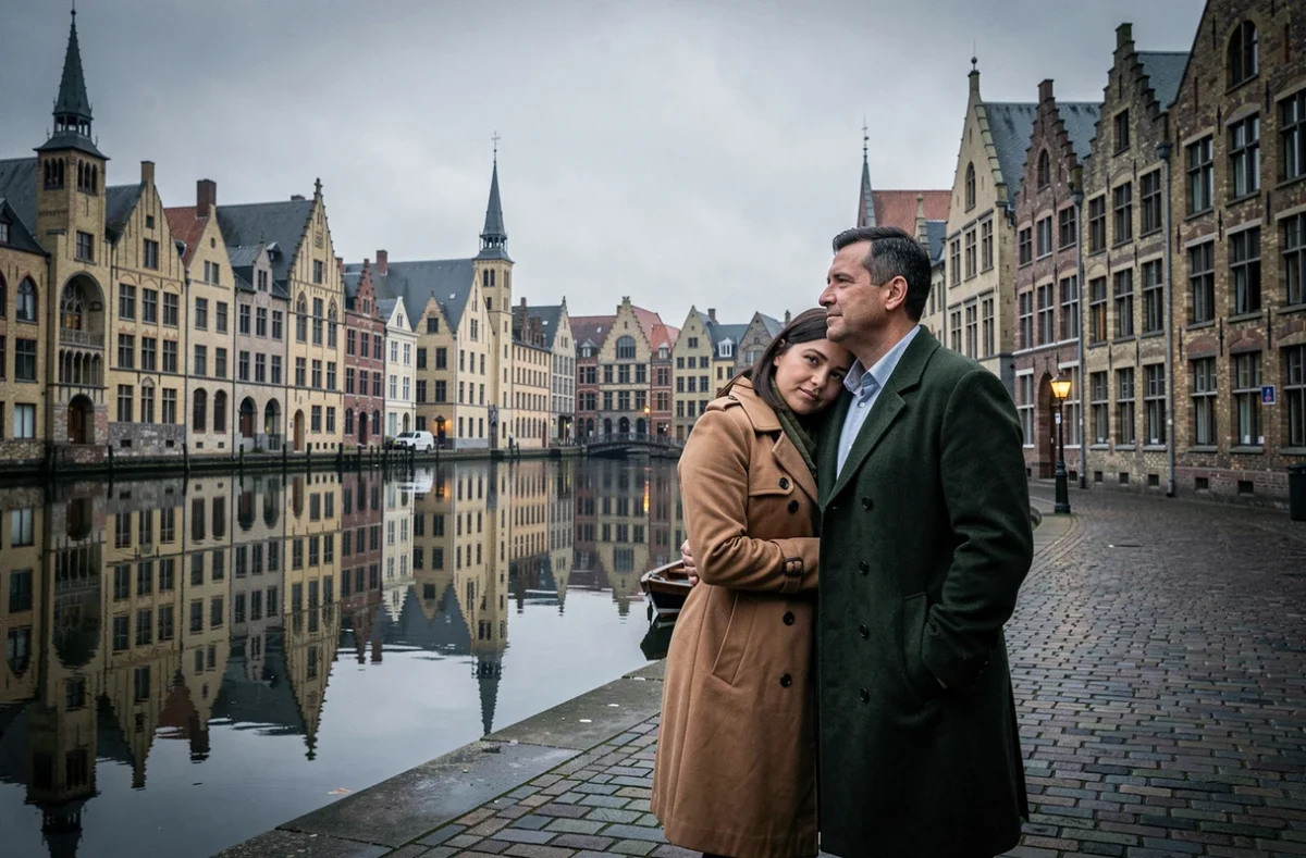 Couple contemplant le panorama médiéval du Graslei à Gand au crépuscule