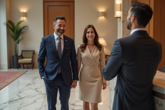 Couple élégant accueilli par un concierge dans un lobby hôtel