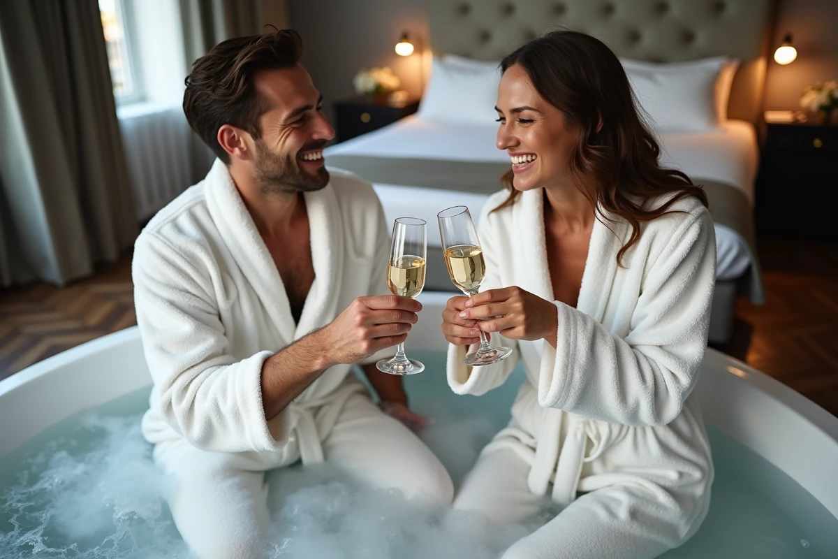 Couple en robe de chambre blanche profitant d'un jacuzzi privatif dans une suite d'hôtel parisienne pour une nuit en amoureux