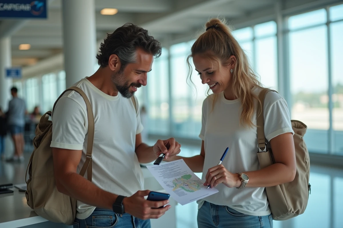 Couple en train de signer un contrat de location de voiture à l'aéroport de Palerme en Sicile