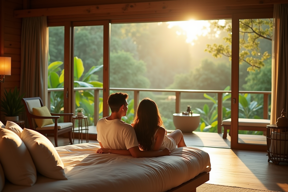 Couple relaxant dans une suite écologique avec vue tropicale