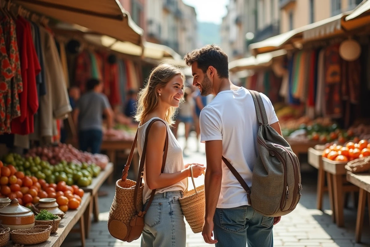 Couple découvrant un marché local coloré lors d'une escapade romantique économique en Europe