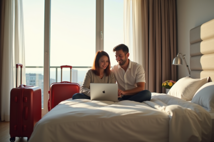 Couple souriant sur le lit d'hôtel avec valises utilisant un ordinateur pour comparer les prix