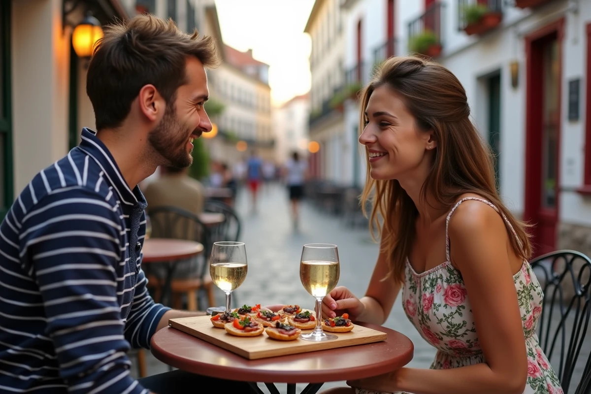 Couple dégustant des pintxos basques et du Txakoli en terrasse dans une ruelle de Saint-Jean-de-Luz