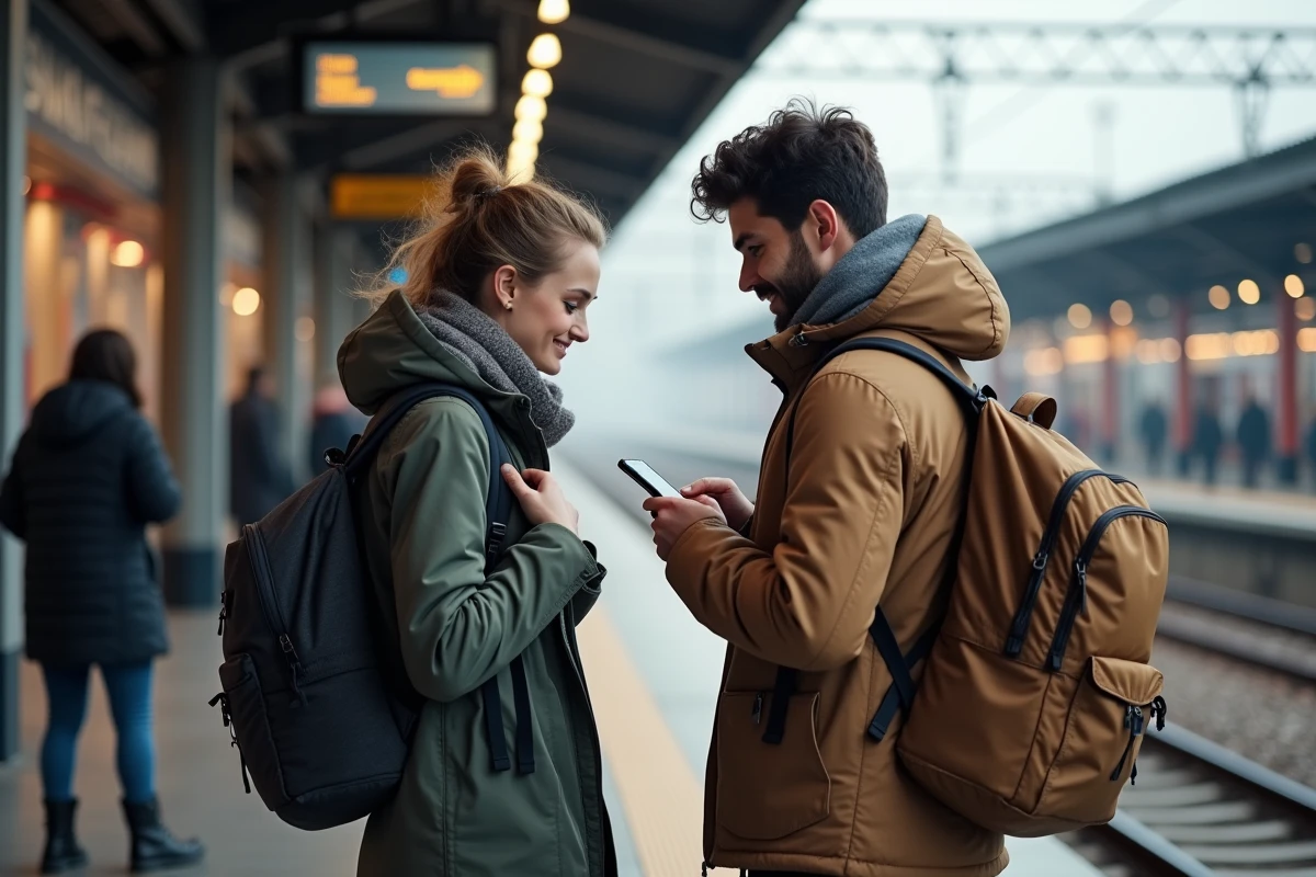 Jeune couple consulte un itinéraire dans une gare européenne