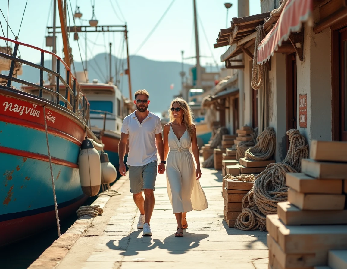 Couple se promenant sur le quai d'un port de pêche crétois avec des bateaux colorés amarrés et des tavernes en arrière-plan