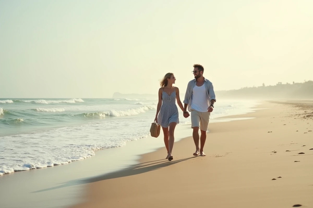 Couple marchant main dans la main sur une plage déserte lors d'une destination pas chère en août