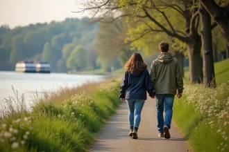 Jeune couple en promenade au bord du Rhin en Alsace