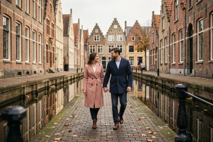 Couple romantique se promenant main dans la main le long des canaux historiques de Gand en automne