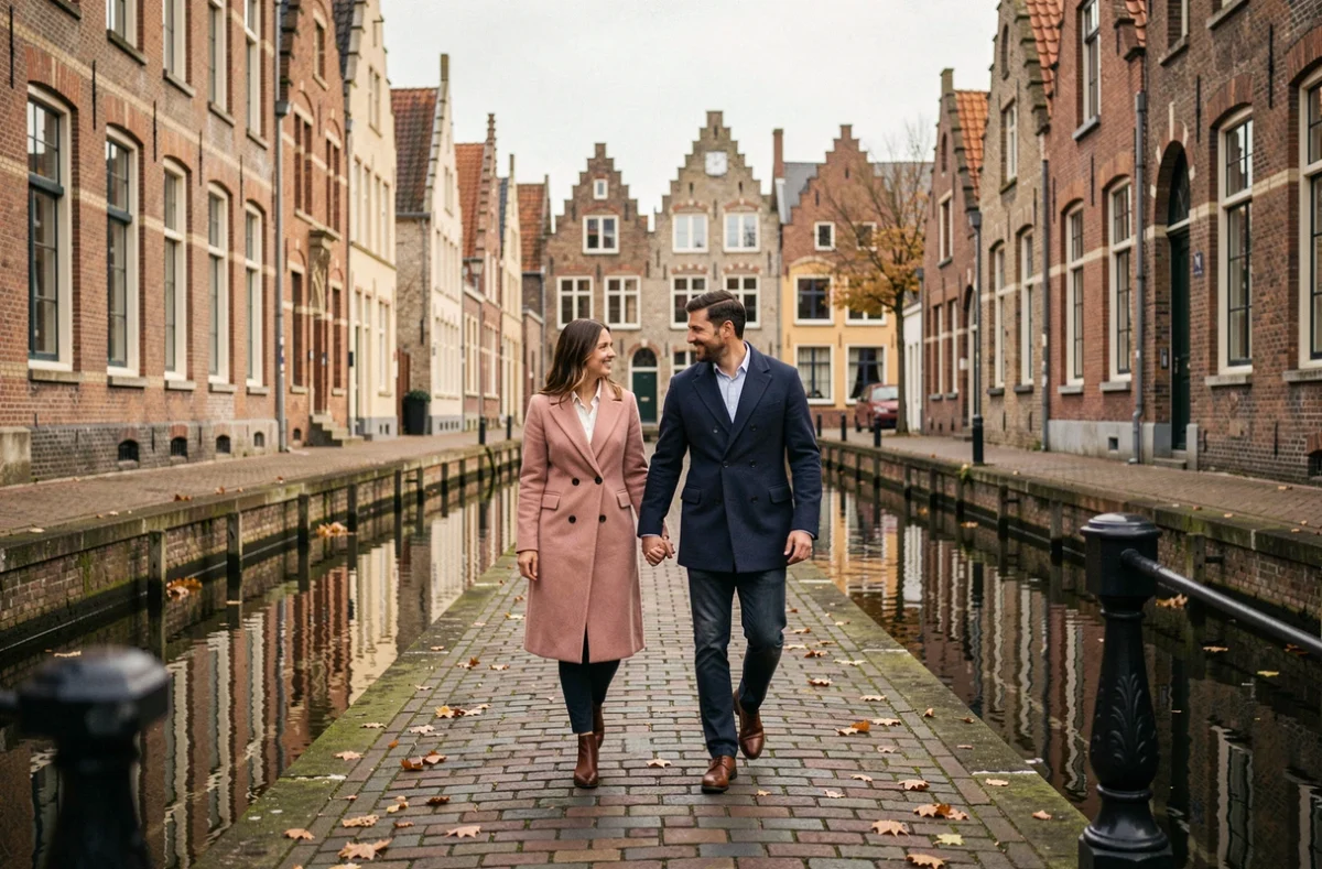 Couple romantique se promenant main dans la main le long des canaux historiques de Gand en automne
