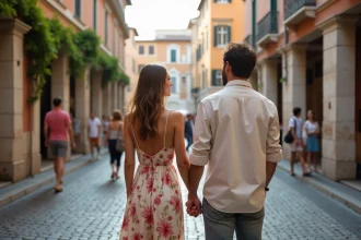 Couple romantique main dans la main devant la Fontaine de Trévi à Rome lors d'un week-end en amoureux