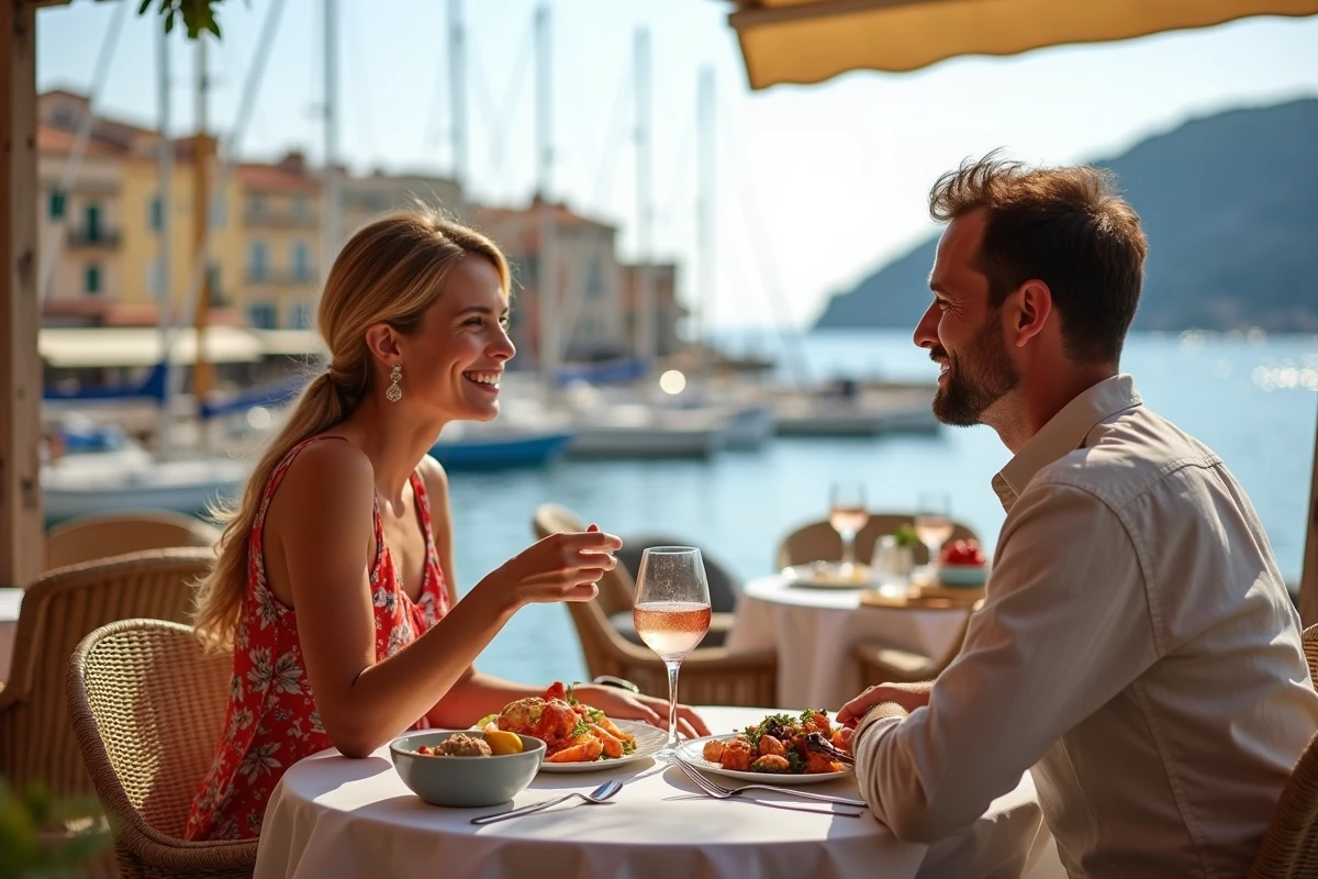 Couple profitant d'une terrasse de café au vieux port de Cassis avec vue sur les bateaux et les falaises