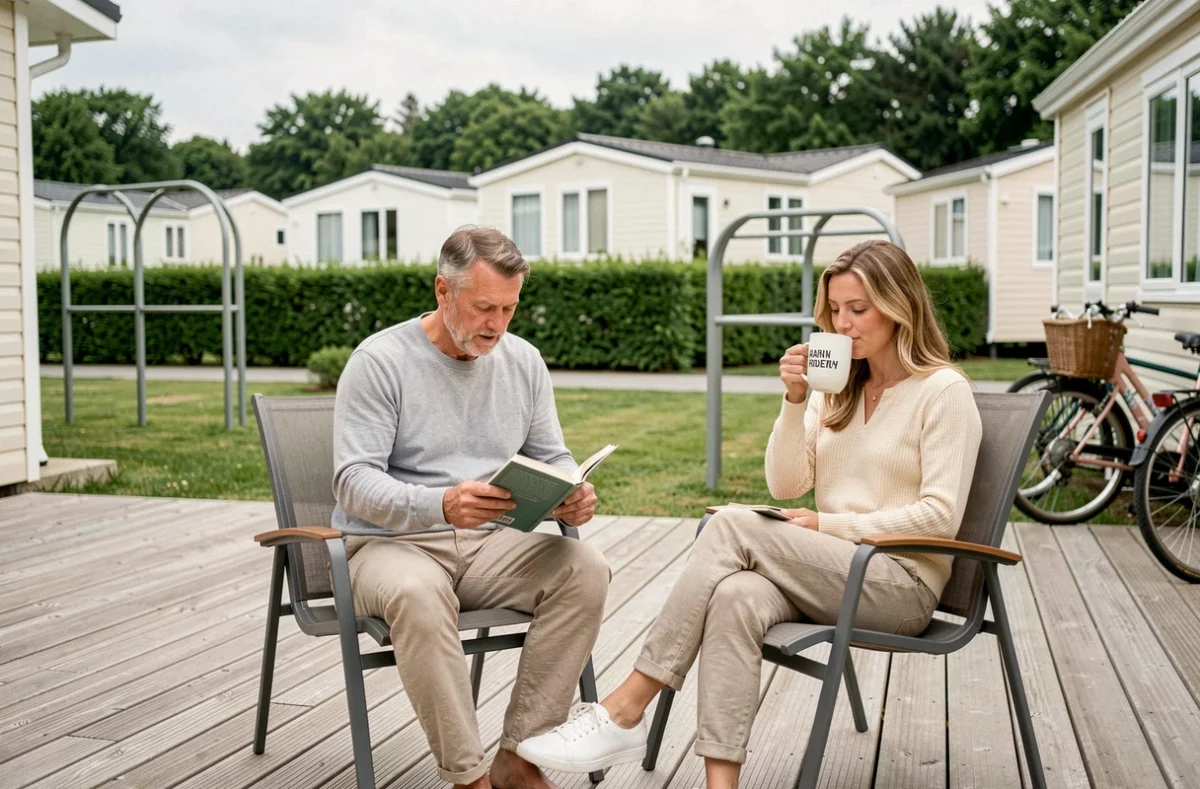 Couple se relaxant sur la terrasse d'un mobil-home dans un camping de grande chaîne