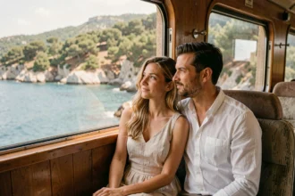 Couple en voyage romantique dans le train régional de Corse entre Île-Rousse et Calvi, vue sur la mer Méditerranée