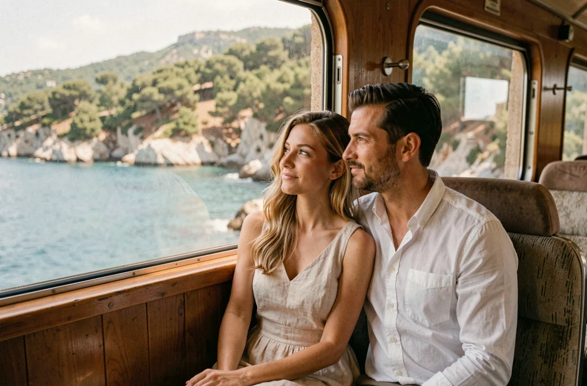 Couple en voyage romantique dans le train régional de Corse entre Île-Rousse et Calvi, vue sur la mer Méditerranée