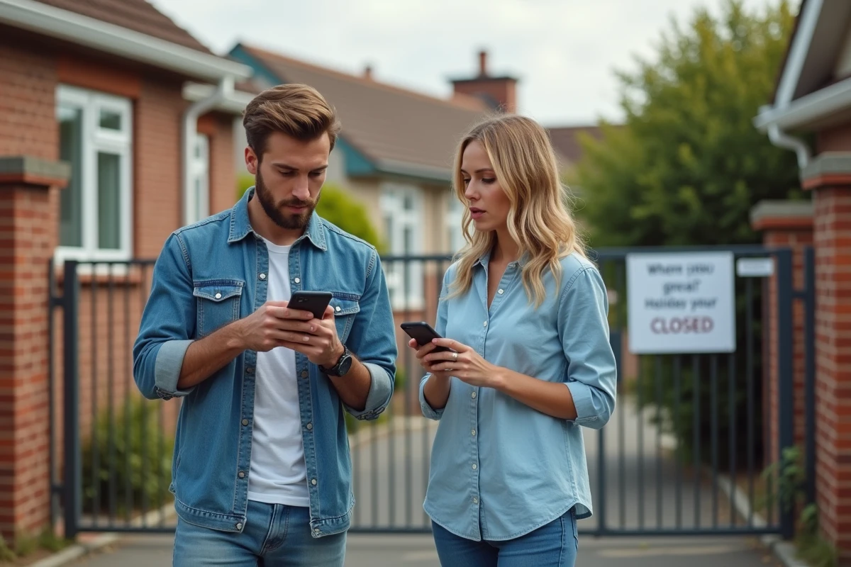 Jeune couple surpris vérifiant leur smartphone pour réserver