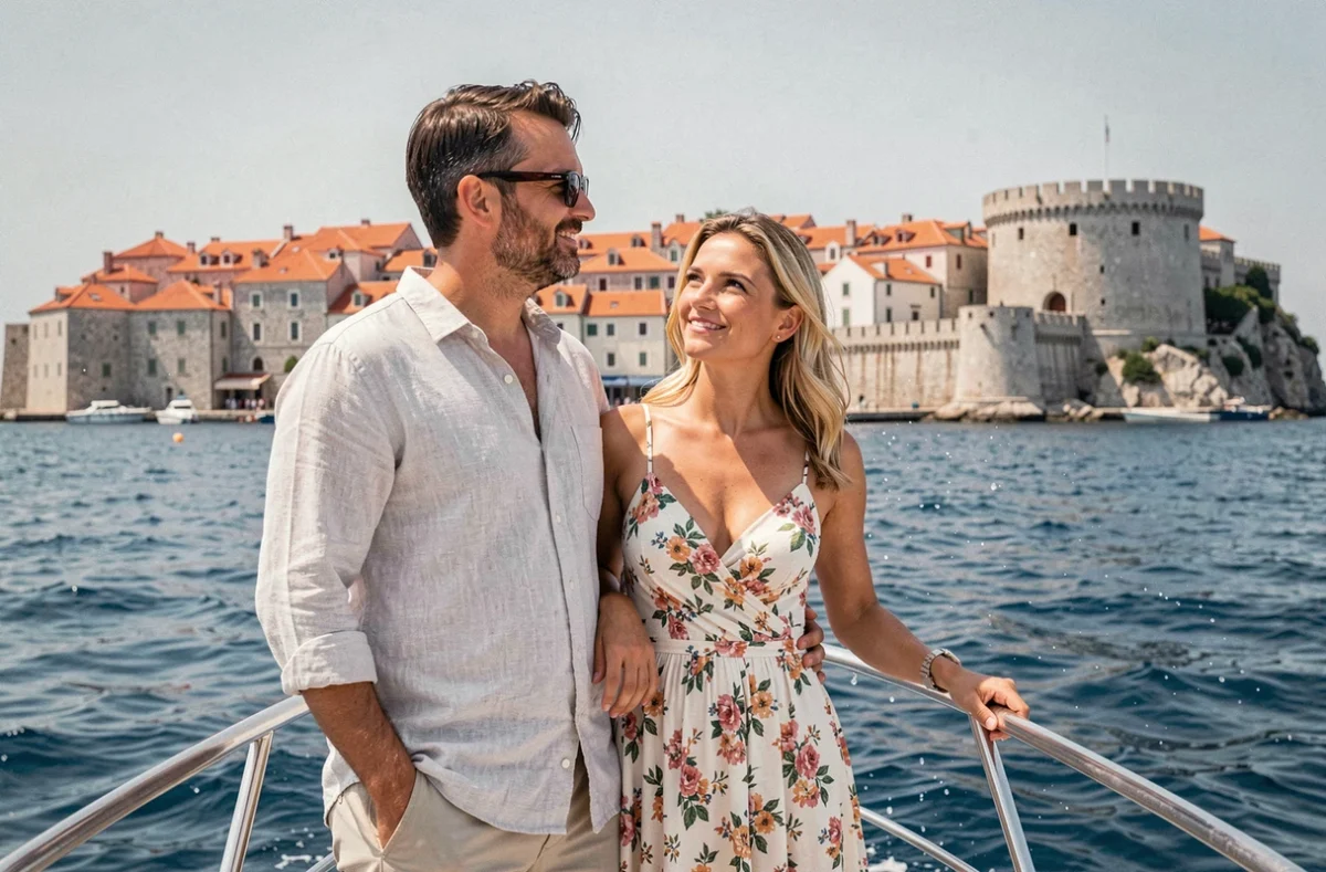 Couple admirant Dubrovnik depuis le pont d'un yacht lors d'une croisière en Croatie