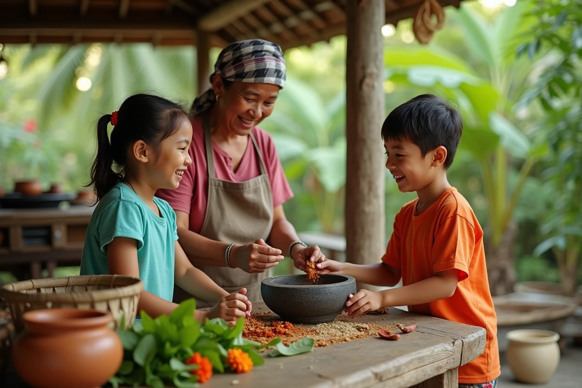 Enfants participant à un cours de cuisine khmère traditionnelle dans un pavillon en plein air à Siem Reap, Cambodge