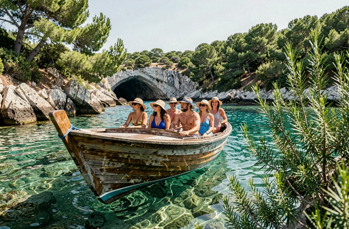 Passagers d'une croisière arrivant en annexe dans une crique isolée de l'île de Hvar en Croatie