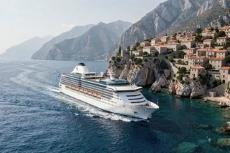 Bateau de croisière naviguant le long de la côte dalmate en Croatie avec villages aux toits en tuiles et mer Adriatique turquoise
