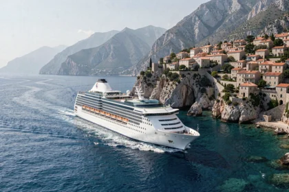 Bateau de croisière naviguant le long de la côte dalmate en Croatie avec villages aux toits en tuiles et mer Adriatique turquoise