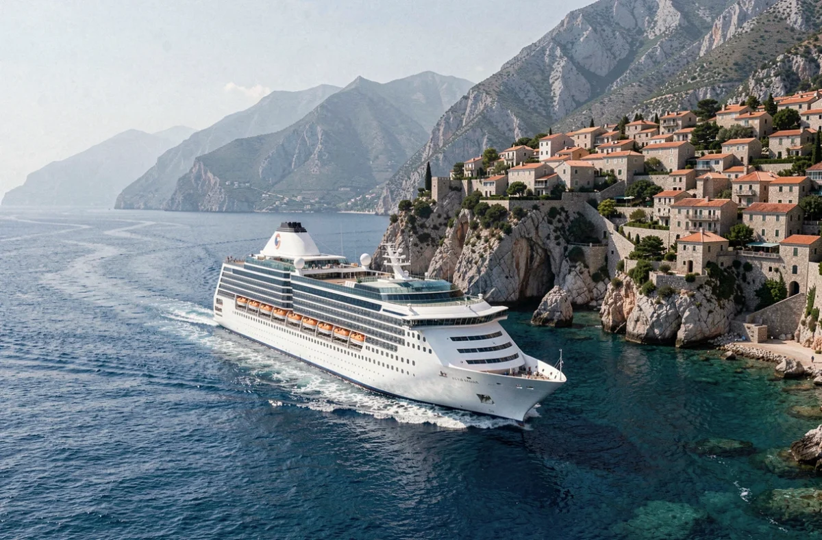 Bateau de croisière naviguant le long de la côte dalmate en Croatie avec villages aux toits en tuiles et mer Adriatique turquoise