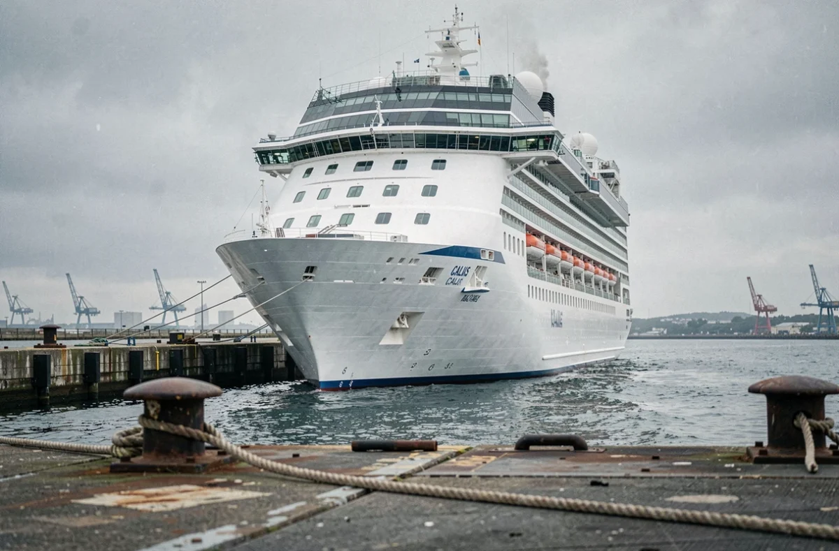 Grand paquebot de croisière amarré au port de Calais avec les infrastructures portuaires en premier plan