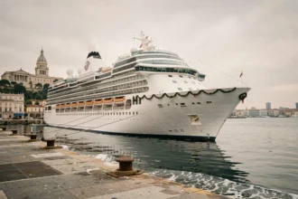 Bateau de croisière décoré pour Noël amarré dans le port de Marseille avec la basilique Notre-Dame de la Garde en arrière-plan