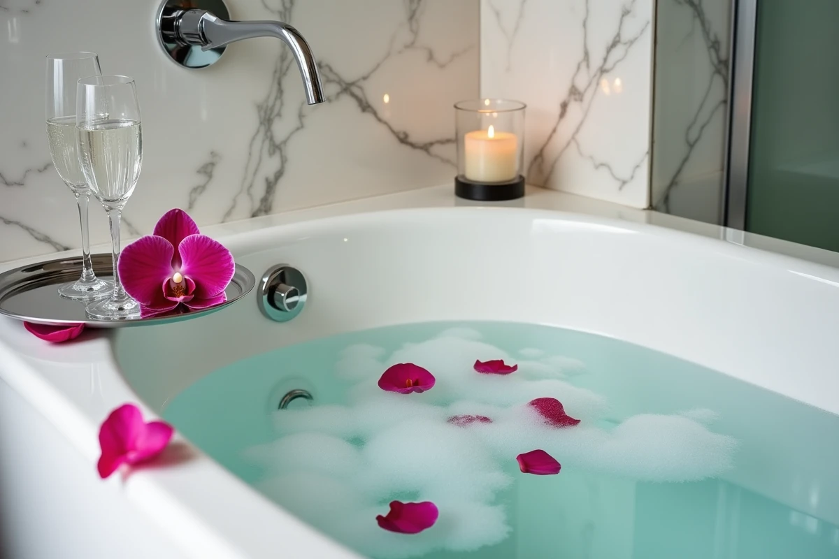 Détail d'un jacuzzi privatif en marbre dans une salle de bain d'hôtel parisien avec pétales de roses, champagne et bougie pour une ambiance romantique