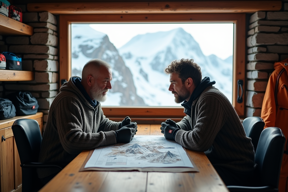 Deux hommes discutant autour d une carte dans un refuge alpin