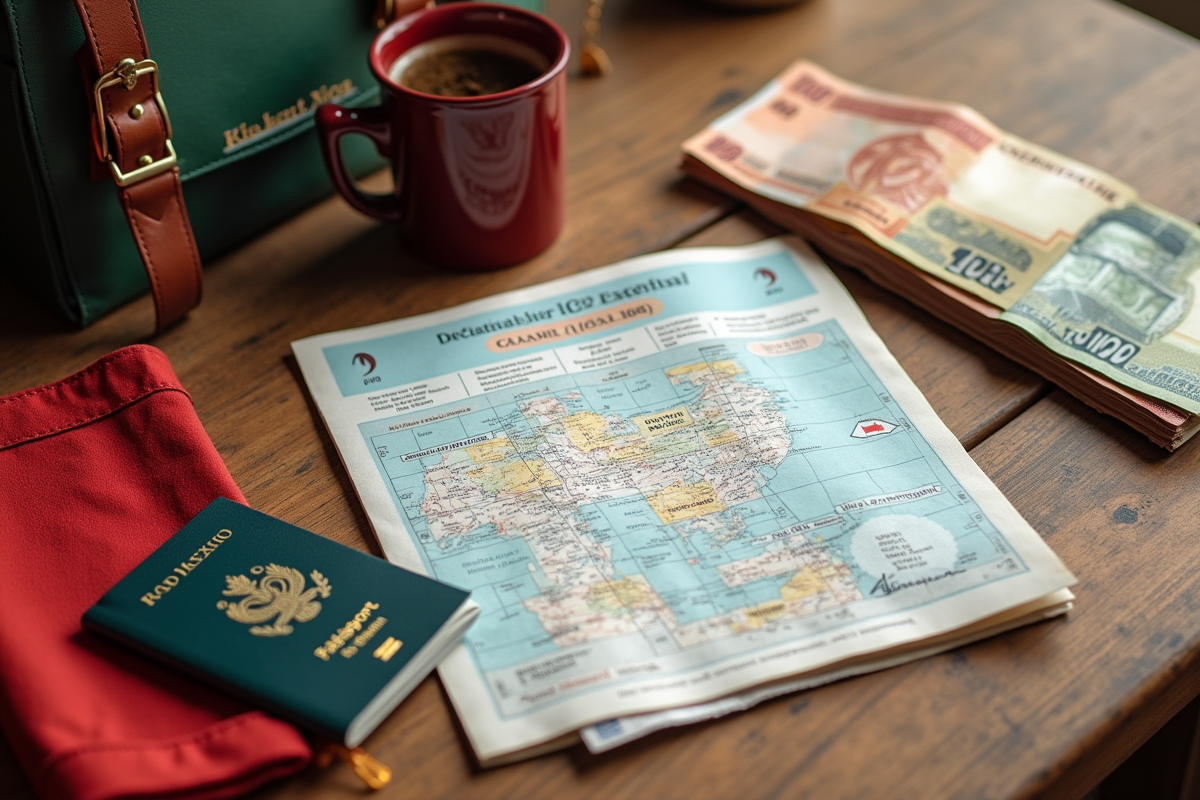 Vue de documents de voyage et dirhams marocains sur une table en bois
