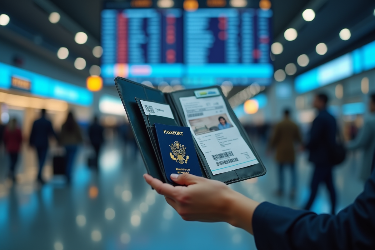 Personne tenant un dossier avec passeport et billets d