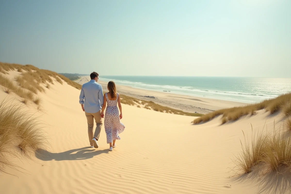Couple grimpant les marches de bois de la Dune du Pilat avec l'océan Atlantique et la forêt de pins visibles en arrière-plan