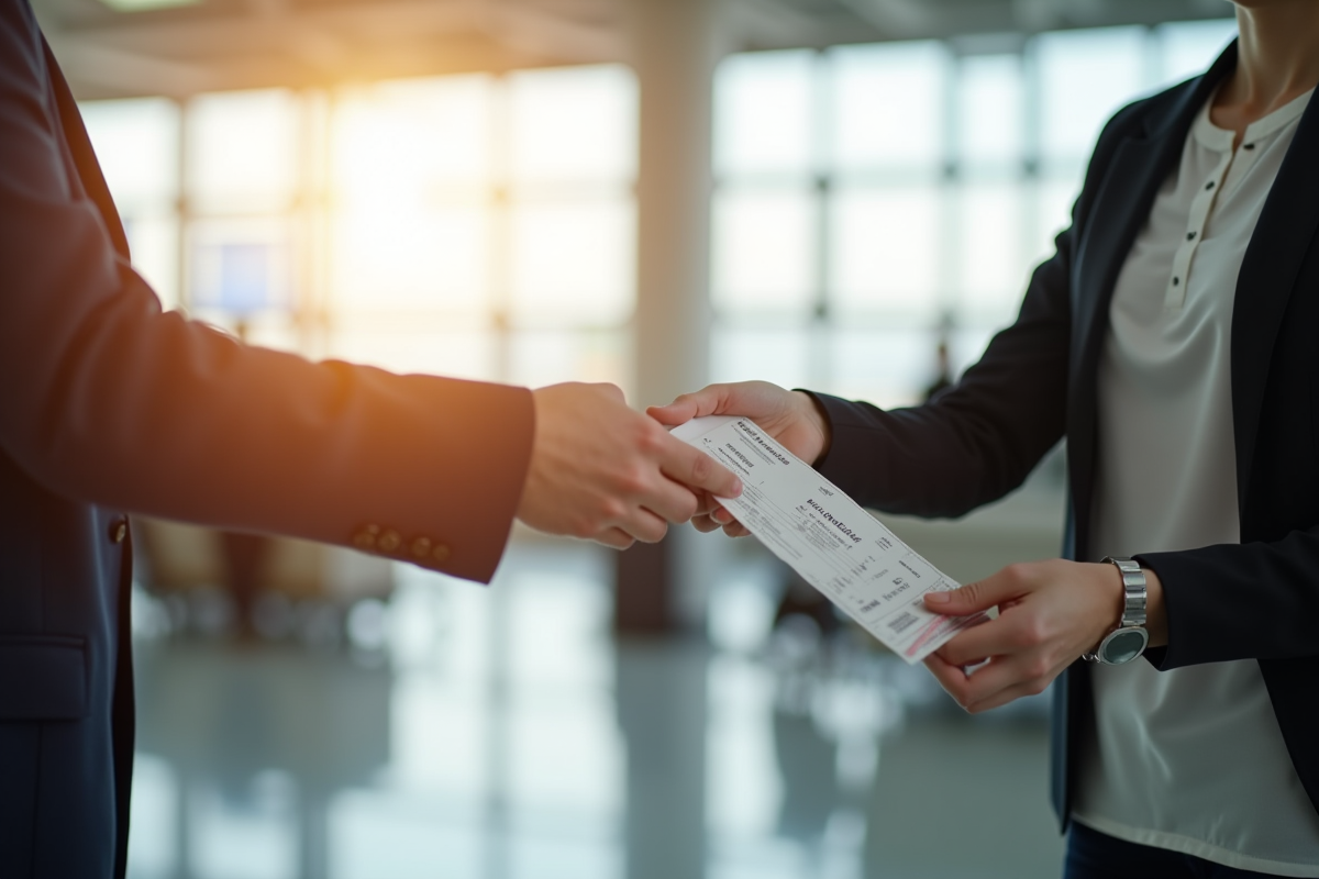 Personne remettant un billet d'avion à l'aéroport