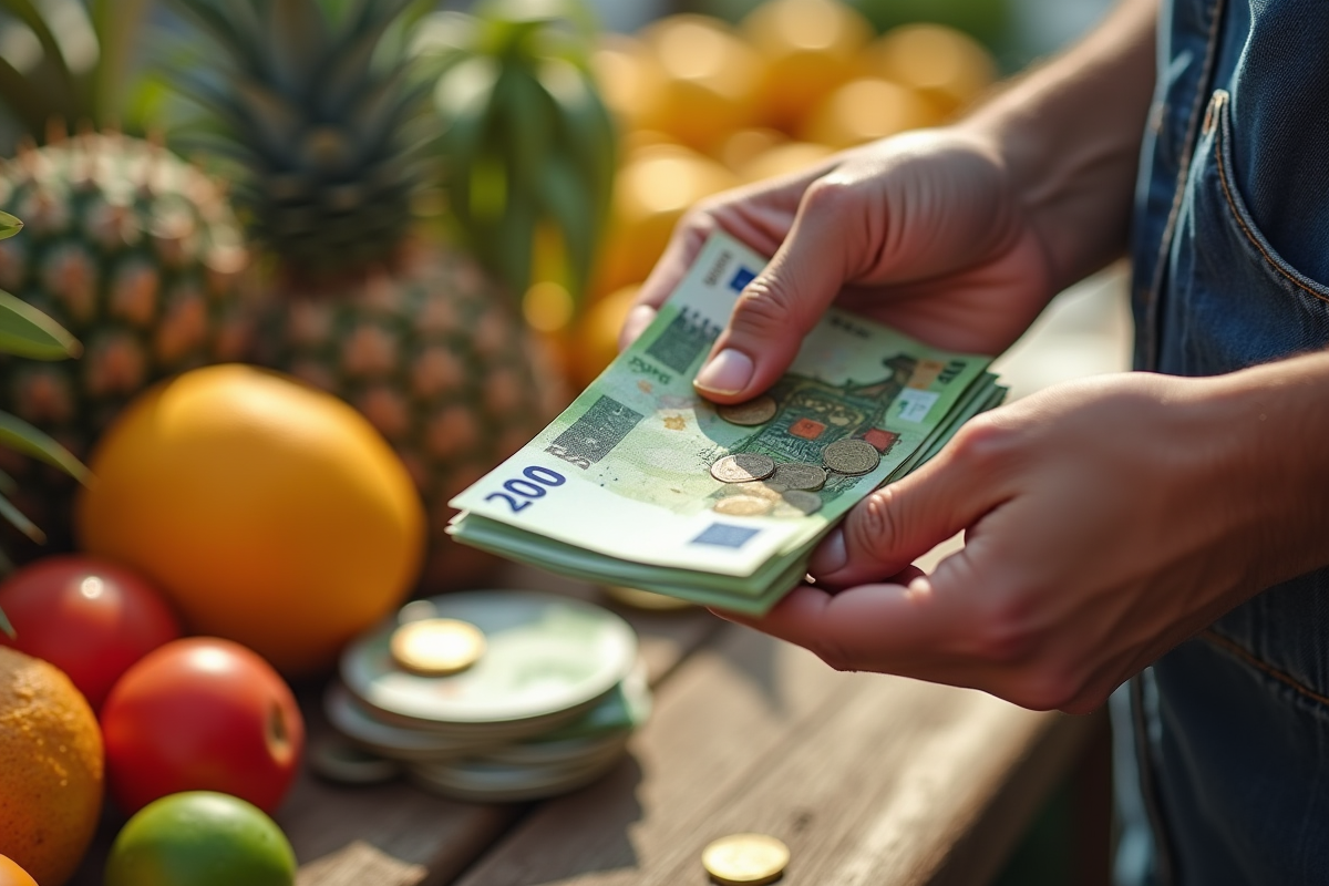 Echange de billets et pièces euros sur un marché tropical