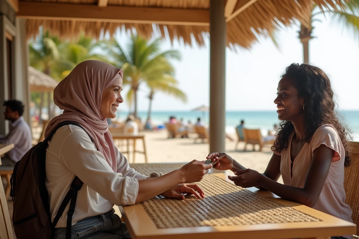 Femme voyageuse échange avec un vendeur dans un café en bord de mer