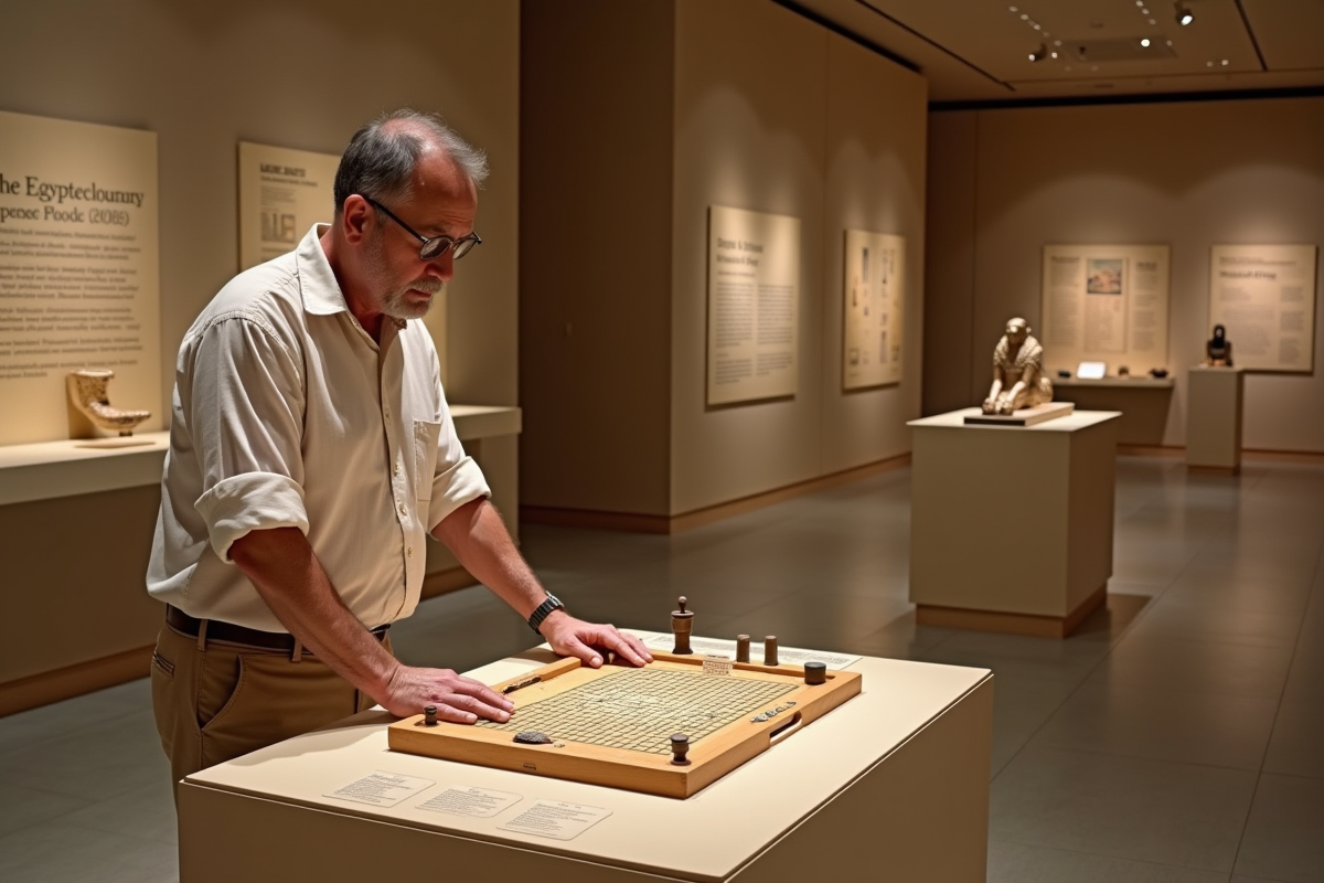 Egypologist étudiant un jeu de senet dans un musée moderne