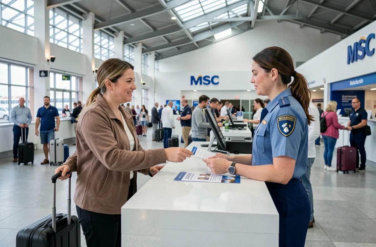 Passagère en train d'embarquer au terminal de croisière MSC du port de Marseille avec ses bagages